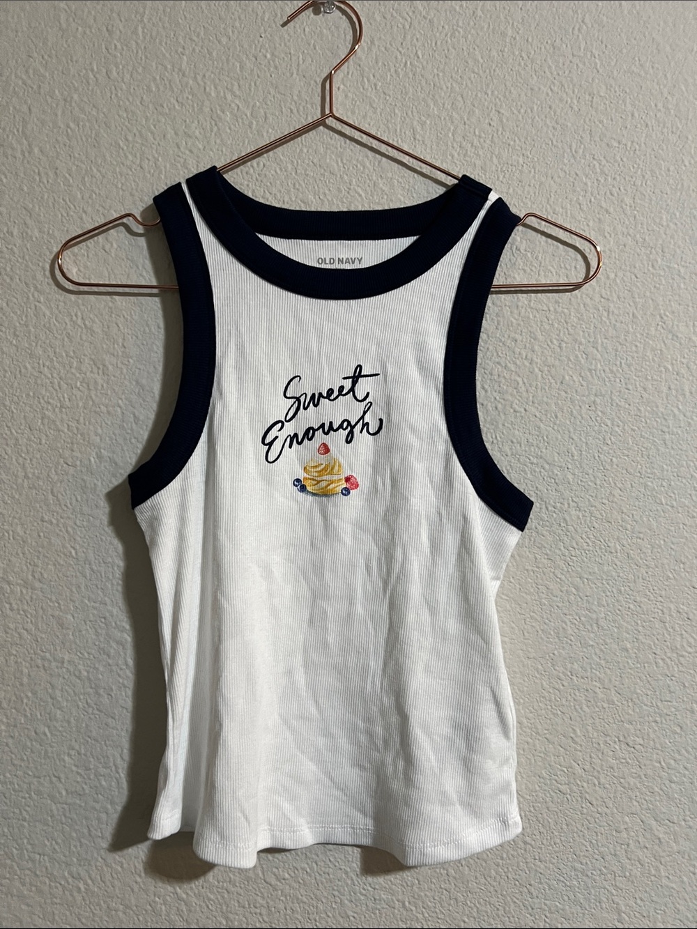 Old Navy White Ribbed Tank with Navy Trim and Dessert Graphic